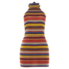 Striped Knit Halter Backless Mini Dress