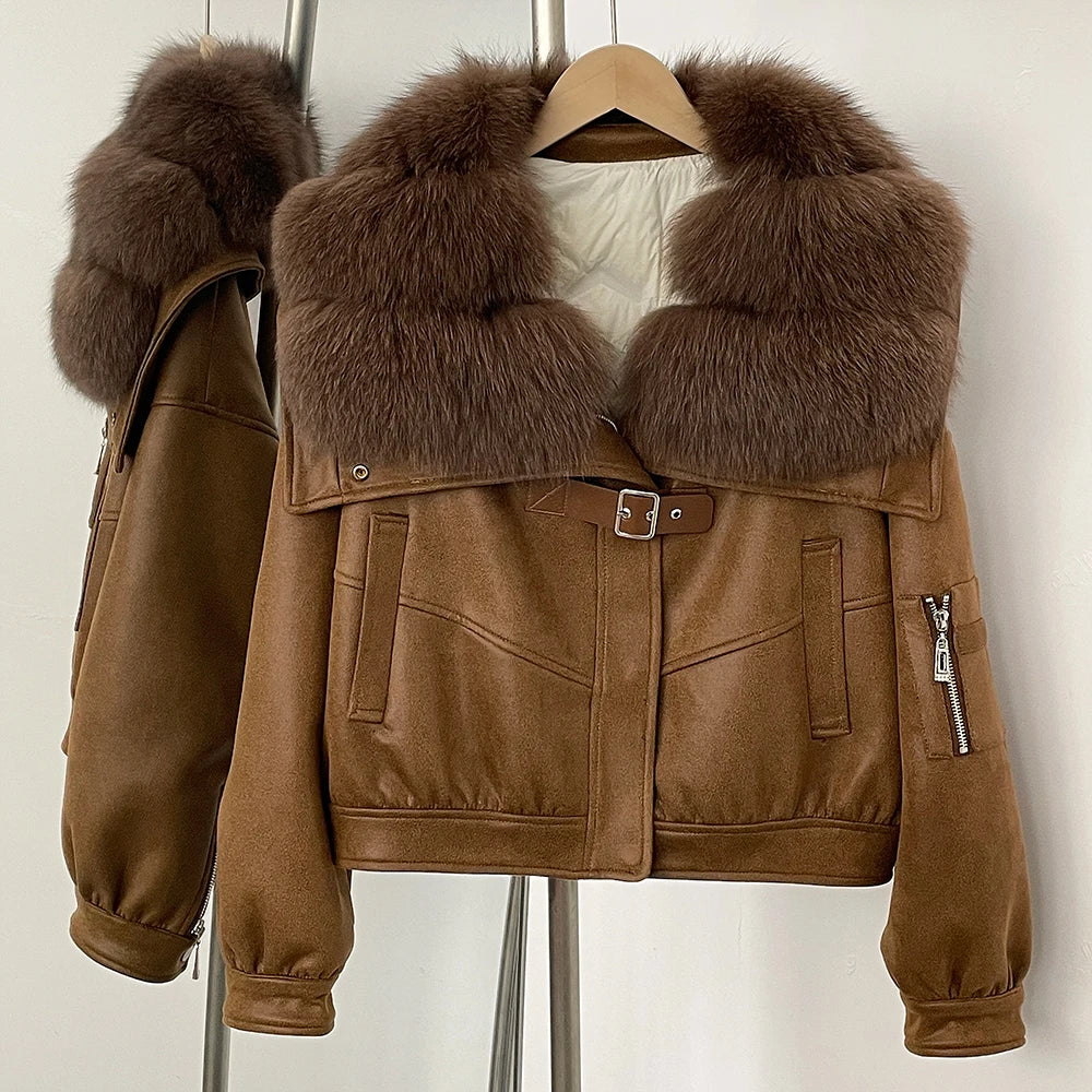 Brown jacket with fur collar on a hanger against a white background
