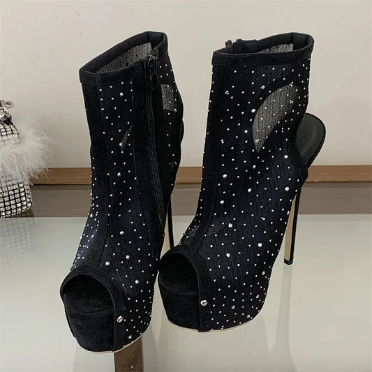 Black rhinestone mesh peep toe stiletto ankle boots