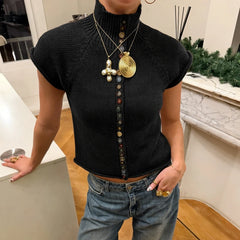 Turtleneck High Neck Knit Short Sleeve Button Front Crop Top