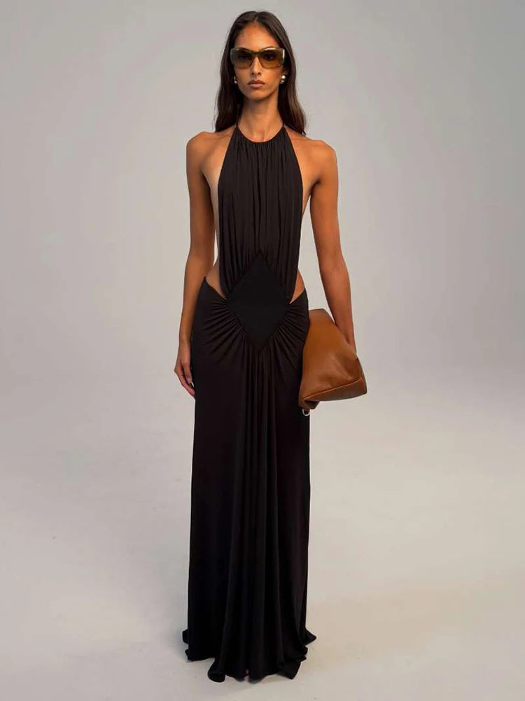Halter ruched open back maxi dress with clutch