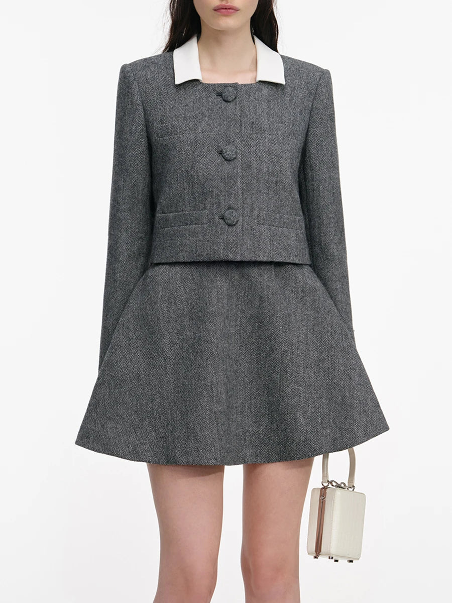 Grey square-collar buttoned top with matching A-line mini skirt