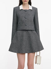 Grey square-collar buttoned top with matching A-line mini skirt
