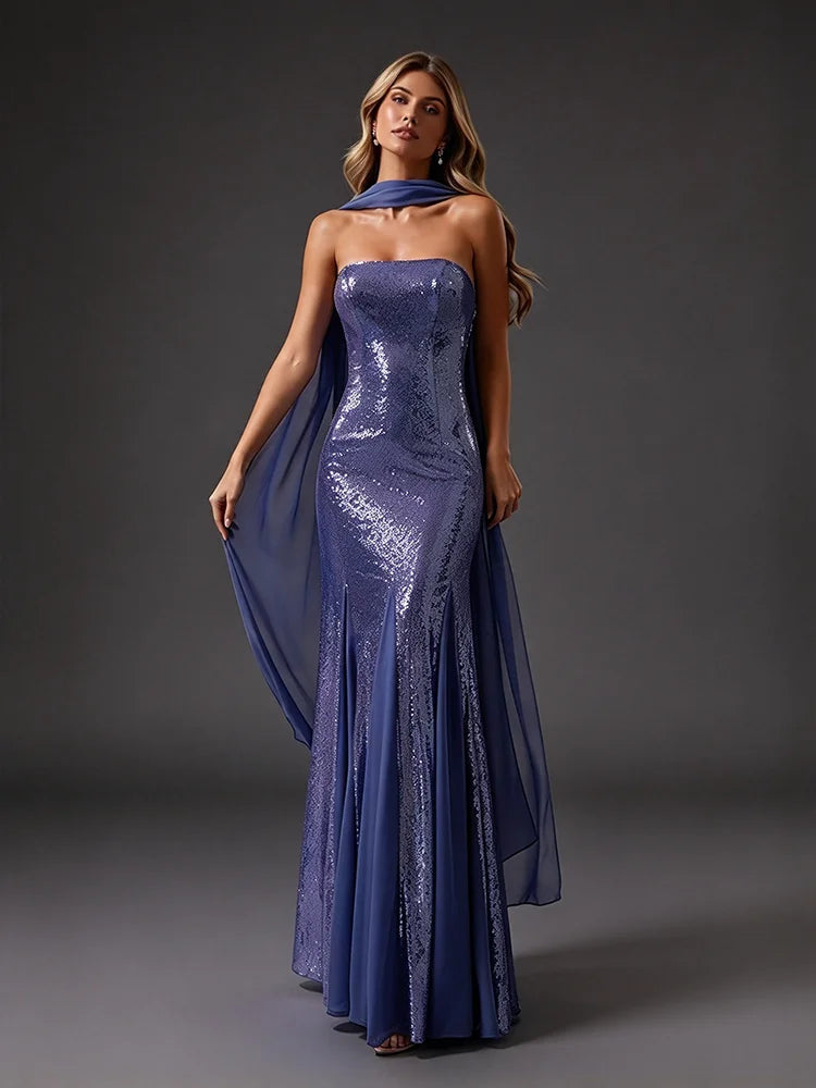 Sequin Strapless Mermaid Dress with Draped Sash
