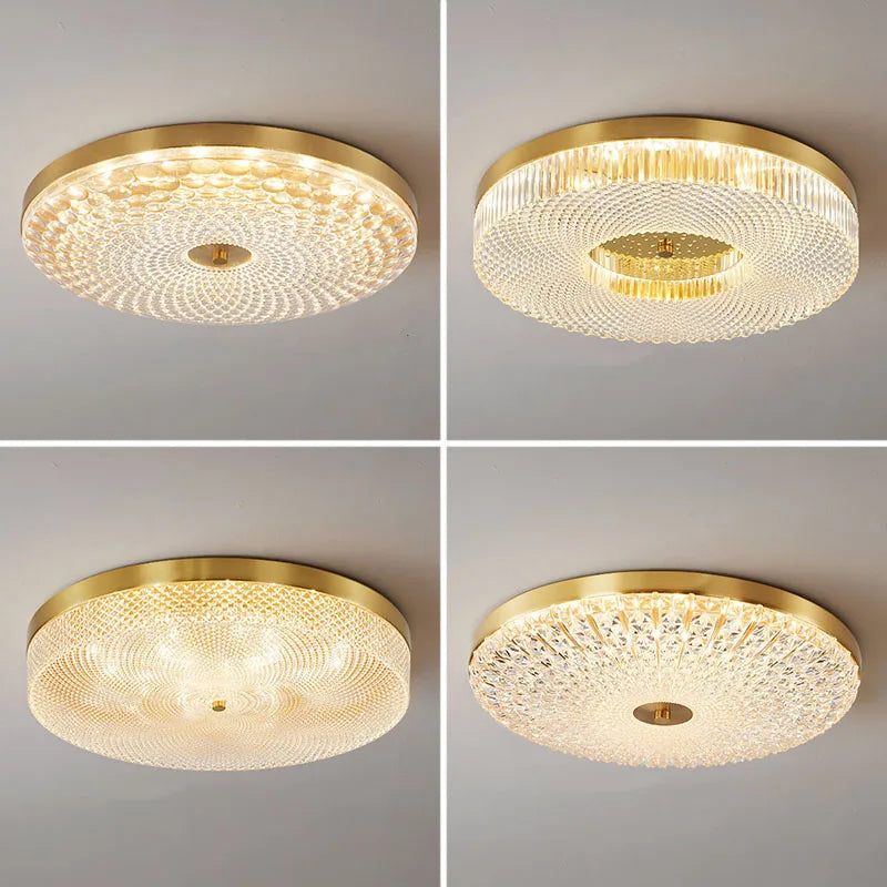 A modern round acrylic ceiling light with LED lights, illuminating a contemporary living room.