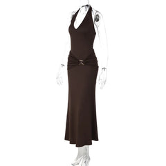 Brown Ruched  Waist Metal Buckle Halter Neck Maxi Dress