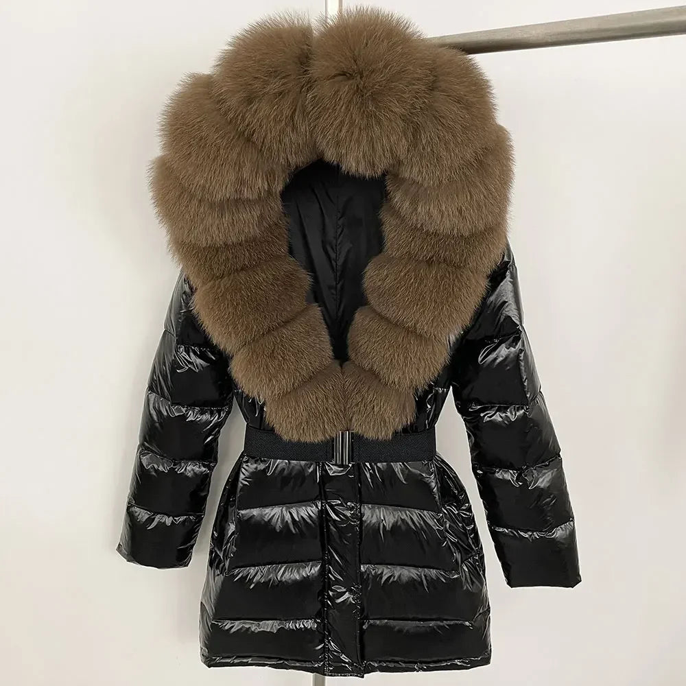 Black puffer coat with brown fur collar 