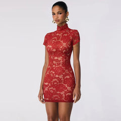 Red lace turtleneck mini dress