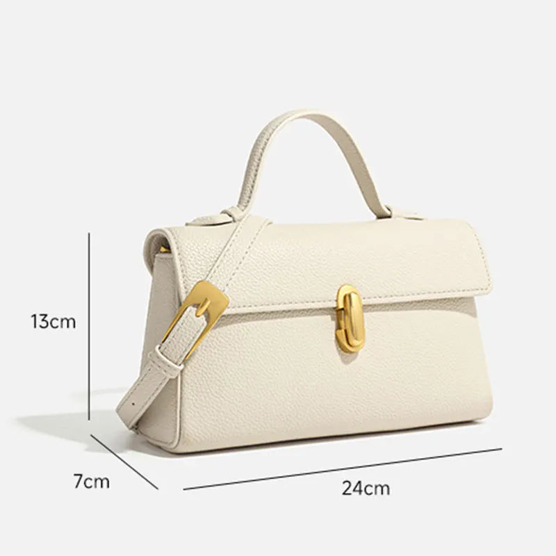 Cream genuine leather shoulder bag with dimensions shown