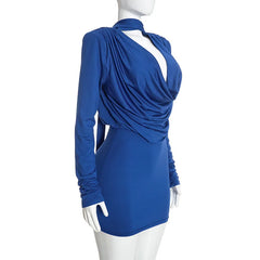 Long Sleeve Draped Choker Neckline Mini Dress