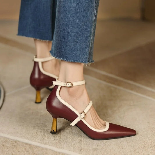 Pointed Toe Thin Heel Pump Leather Mary Janes Shoes