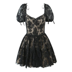Black lace dress with puff sleeves on a white background