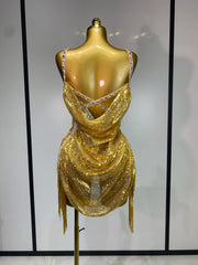 Back view of gold sequin cowl neck bodysuit