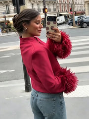 Faux Fur Cuff Mandarin Collar Jacket