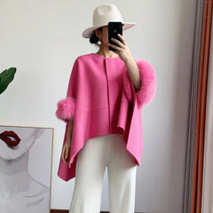 Fox Fur Cuff Oversize Woolen Coat Cashmere Outwear