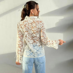 Embroidered Lace Full Sleeve Button-Up Top