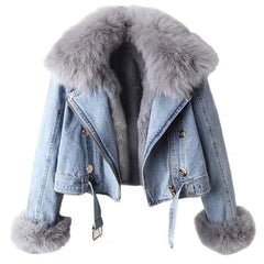 Close-up of the thick, plush fur collar on a denim jacket, highlighting the luxurious texture and warmth. Front View 3