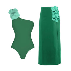 Strapless Swimsuit and High-Waist Maxi Skirt Set with Floral Appliqu��s