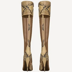 Pair of snake print mesh stiletto knee-high boots back view