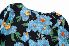 Close-up of the O-neck floral print on a midi dress