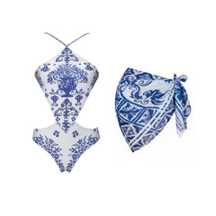 White and Blue Patterned Two Piece Swimwear Set