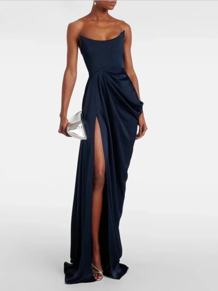 Navy blue strapless gown with a high slit 
