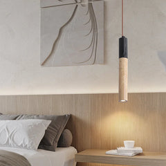 The Golden Atelier Vintage Stone Pendant Lamp hanging above a bedside table, creating a warm and inviting ambiance in a bedroom. 2