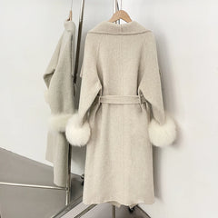 Fur Trim Belted Wool Blend Coat