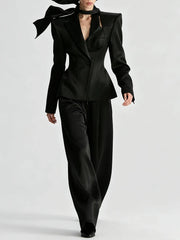 Black Bow Scarf Collar Hollow Out Lapel Collar Blazer