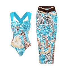 Print Halter Neck One-Piece Swimsuit with Tiered Maxi Skirt