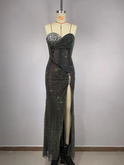 Strapless Crystal Diamonds Black Maxi Dress