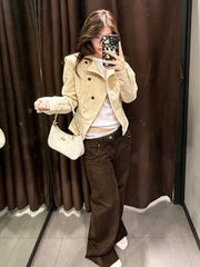Creamy white fitted asymmetric Jacket with brown pants