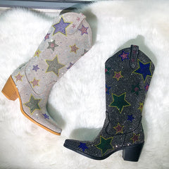 Shimmering rhinestone mid-calf Western boots with a pointed toe and block heel.