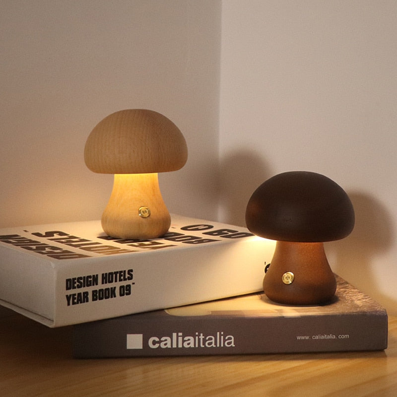 LED Touch Switch Wooden Mushroom Night Lamp