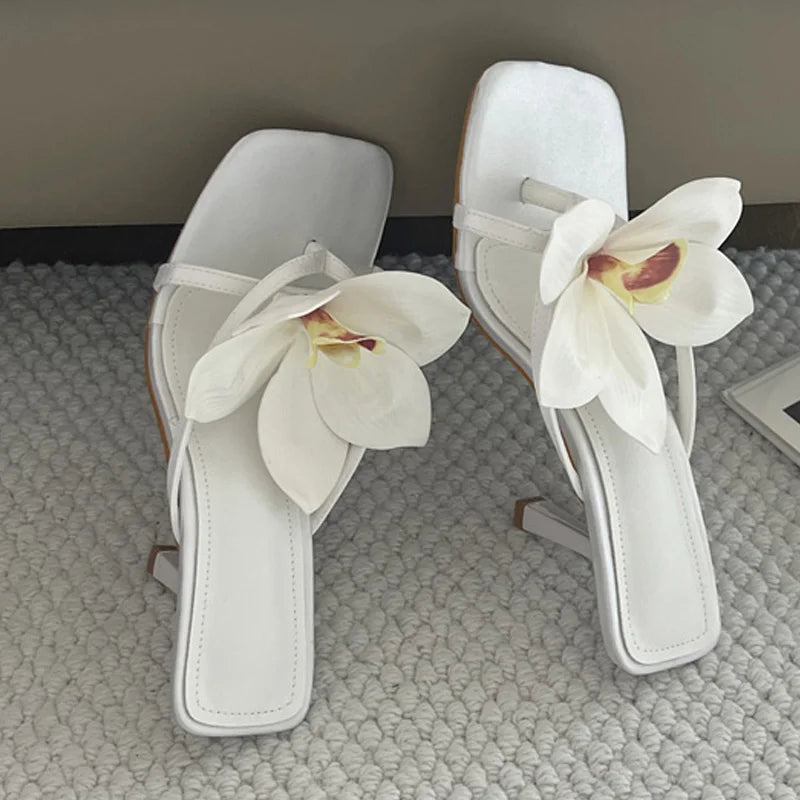 White floral embellished square toe heeled mules
