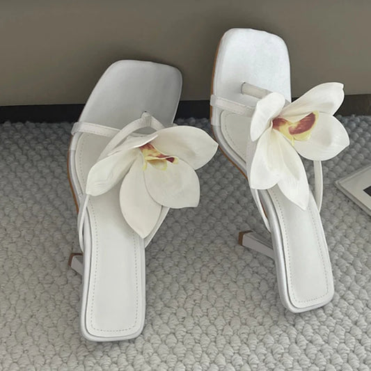 White floral embellished square toe heeled mules