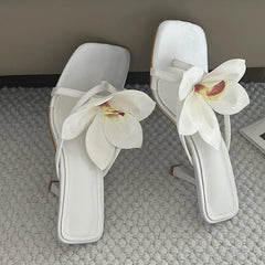 White floral embellished square toe heeled mules