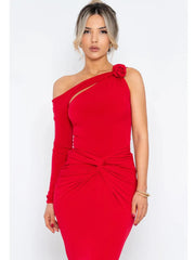 Woman wearing a red one-shoulder dress with a cutout design on a white background