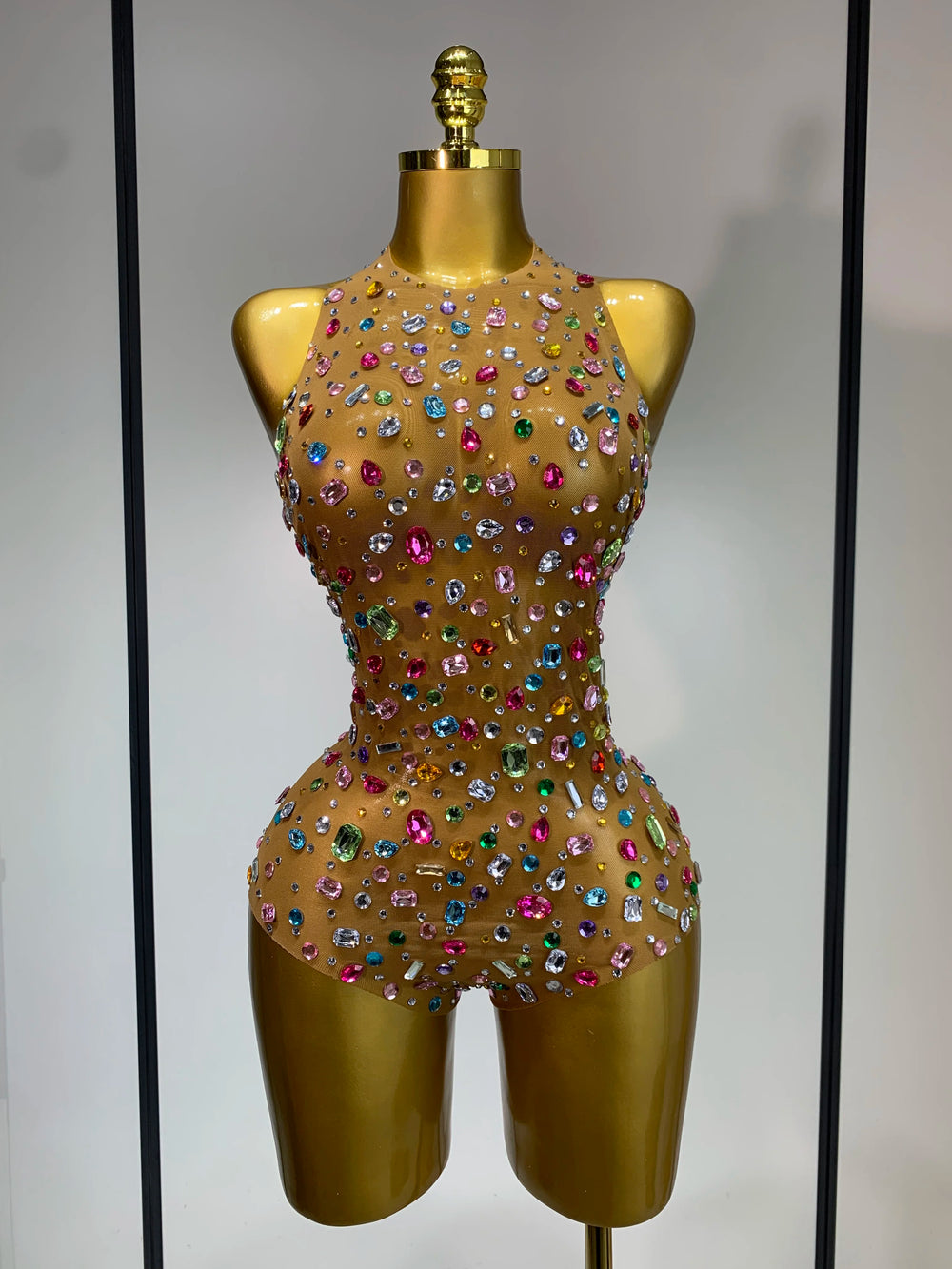 Rhinestone mesh see through bodysuit