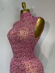 Rhinestone High Neck Sleeveless Dress