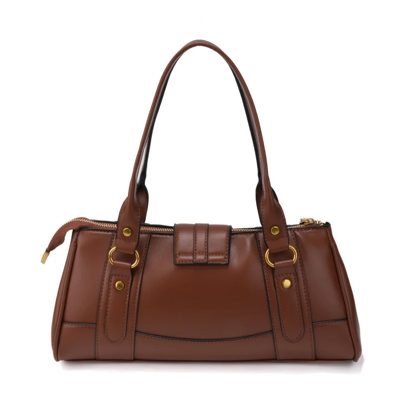 Brown PU leather tote bag with gold-tone lock buckle closure, side view