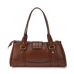 Brown PU leather tote bag with gold-tone lock buckle closure, side view