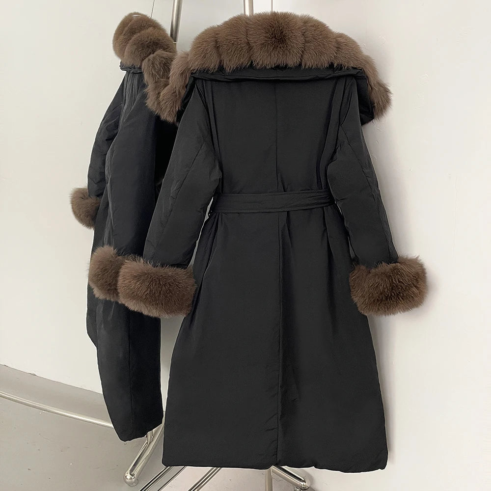 Black winter coat with fur-lined hood and cuffs