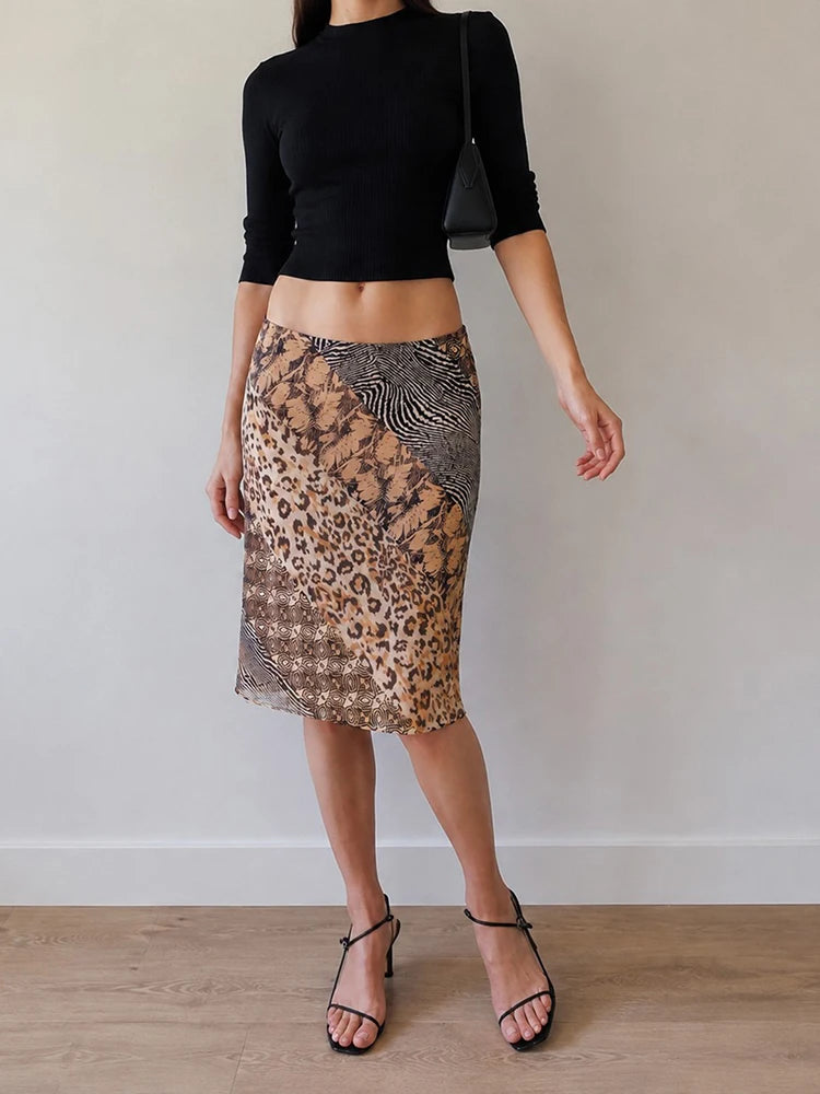 Patchwork mesh midi skirt with animal prints detail