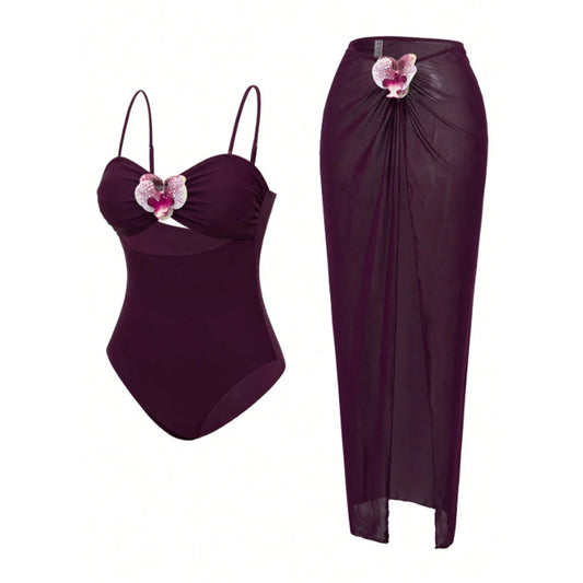 Back view of a wine red one-piece swimsuit with adjustable straps.