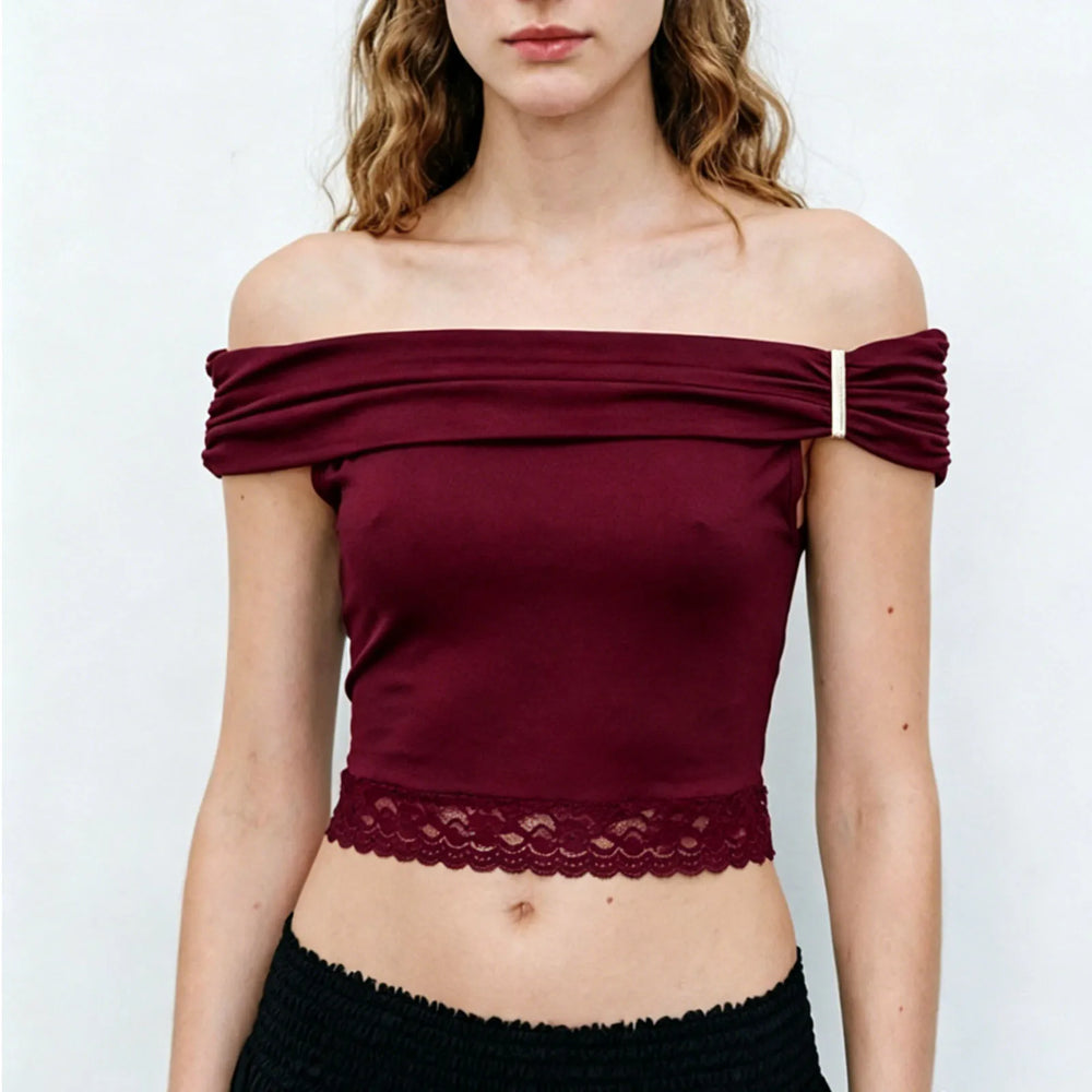 Front view of burgundy off shoulder ruched sleeve lace trim cropped top