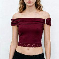 Front view of burgundy off shoulder ruched sleeve lace trim cropped top