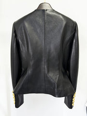 Black PU Leather Shrug Jacket with Y2K buttons for women.