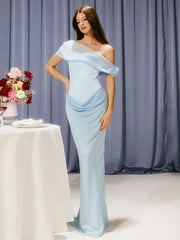 Light Blue Patchwork Diagonal Collar Women Maxi Dress