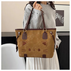 Cute Cat Face Suede Shoulder Tote Bag